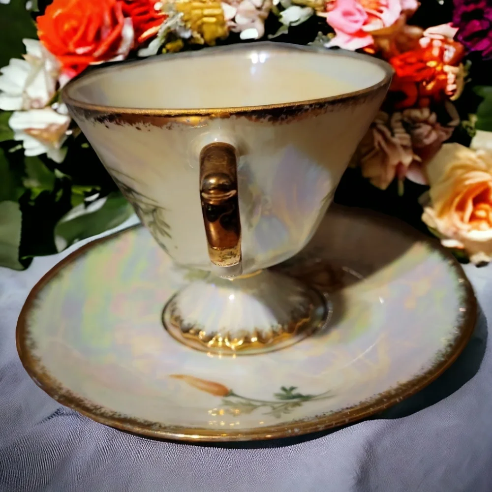 Vtg August Poppy Iridescent Demitasse Footed Cup Saucer Heavy Gold Accents